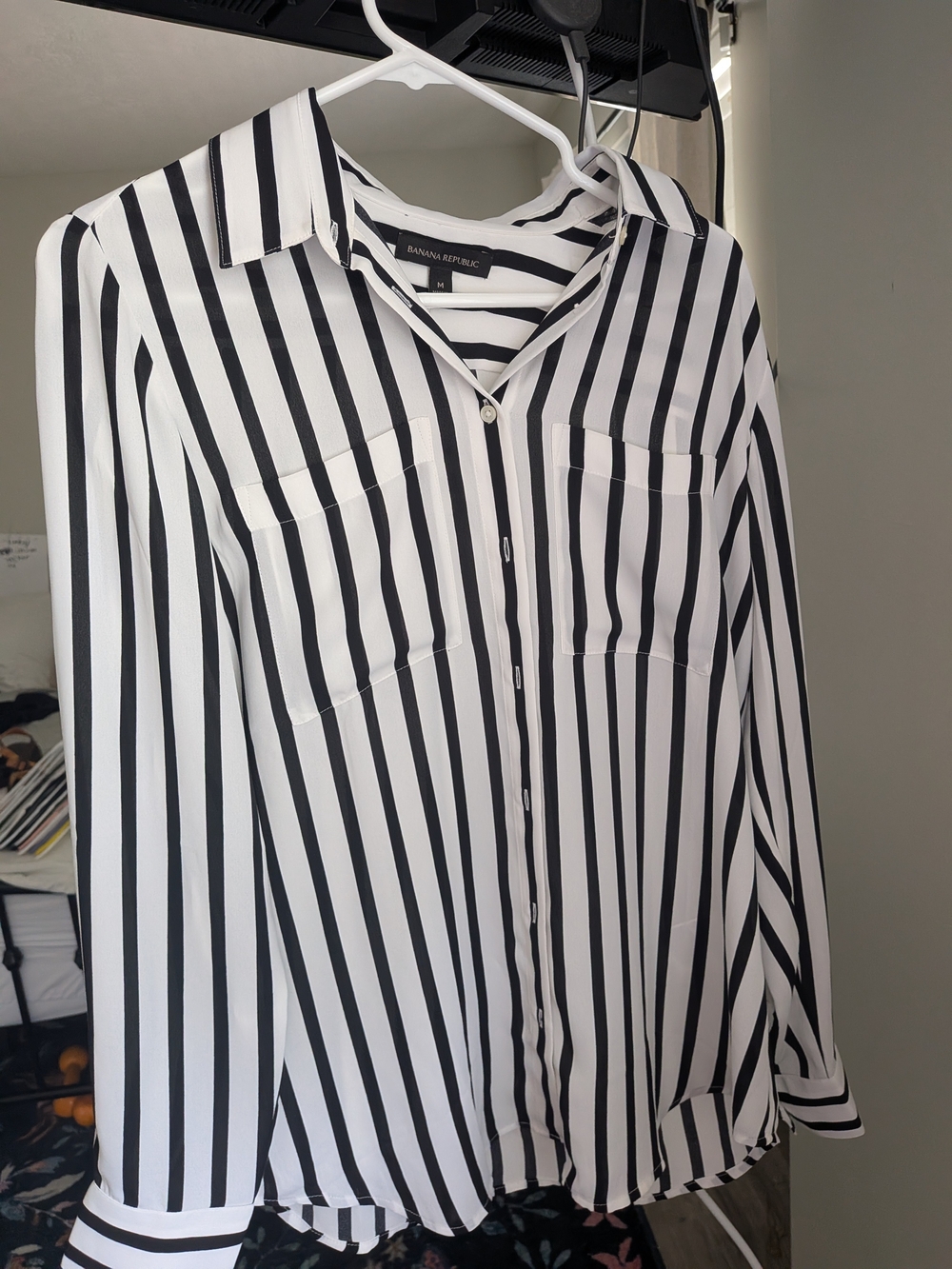 Banana Republic Black & White Vertical Stripe Button-Up Blouse